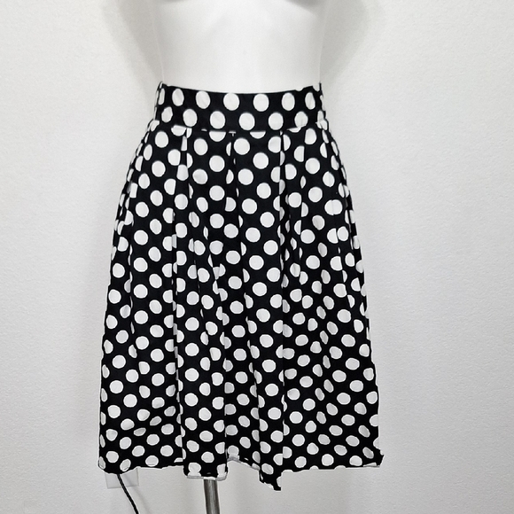 Black & White Retro Polka Dot Pleated Pin Up Style A-Line Skirt Pockets Size M - Picture 1 of 12